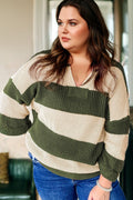 Plus Size Stripe Colorblock Notched Neck Sweater