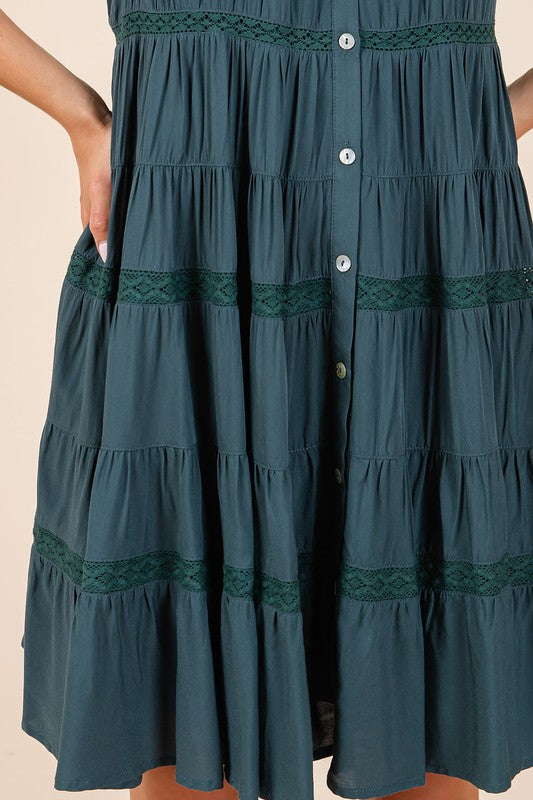 Lace Detail Ruffled Button Down Tiered Cotton Dress
