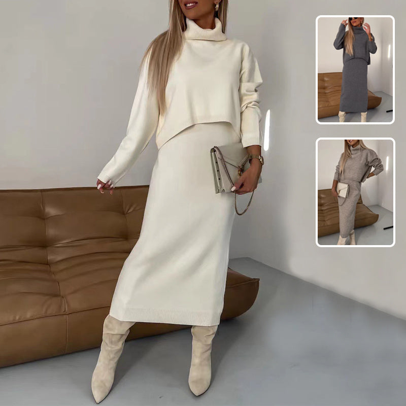 Two-Piece Knit Sweater Dress Set with Turtleneck and Sleeveless Dress