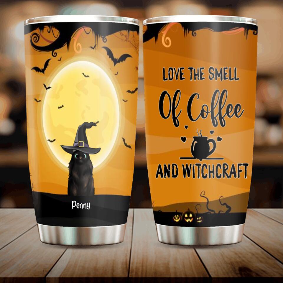Personalized Halloween Cats Tumbler - Up to 3 Cats - Love The Smell Of Coffee And Witchcraft  - B16ZKZ