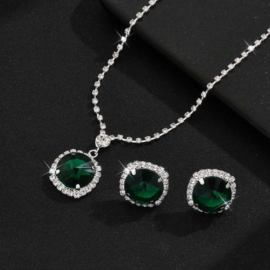 Cross-Border Dropshipping Niche Design Emerald Glass Crystal Necklace Earrings Clavicle Chain Birthday Dinner Jewelry