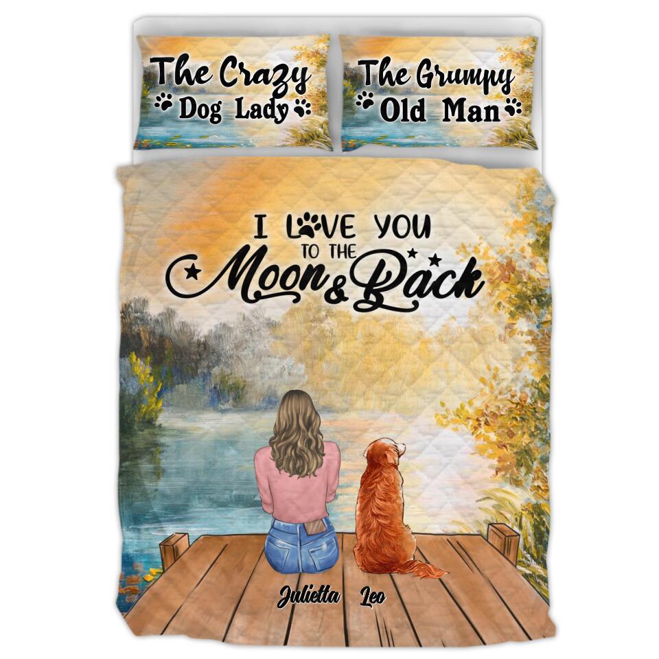 Personalized Dog Mom/Dog Dad Quilt Bed Sets - Adult/Couple With Up to 7 Dogs - Gift Idea For Dog Lover - I Love You To The Moon & Back