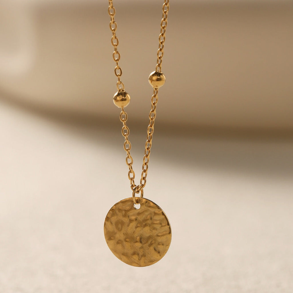 18K Gold Embossed Round Disc Necklace Minimalist Pendant Jewelry