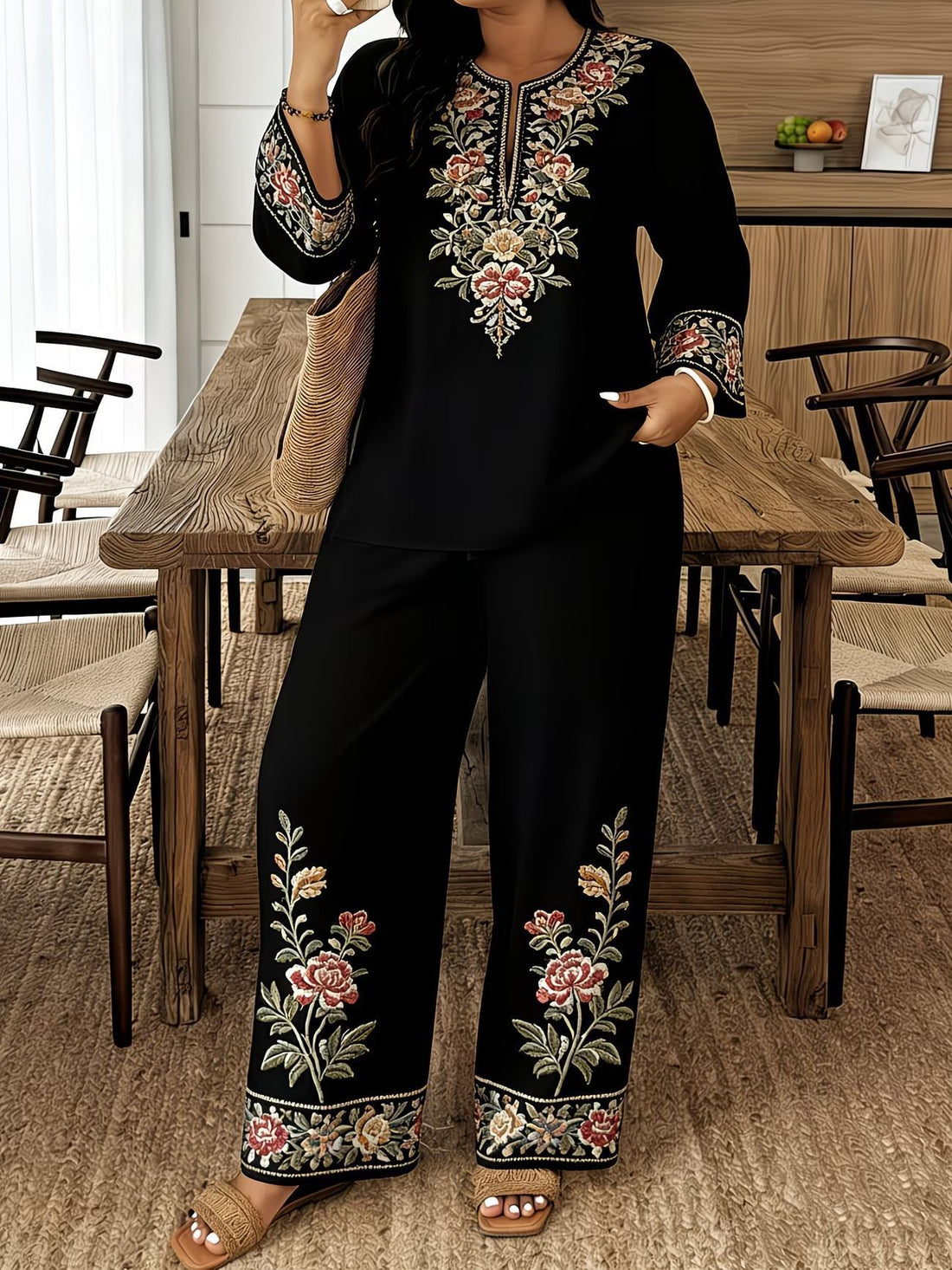 Women's Ethnic Floral Embroidered Long Sleeve Two Piece Set - Image 6