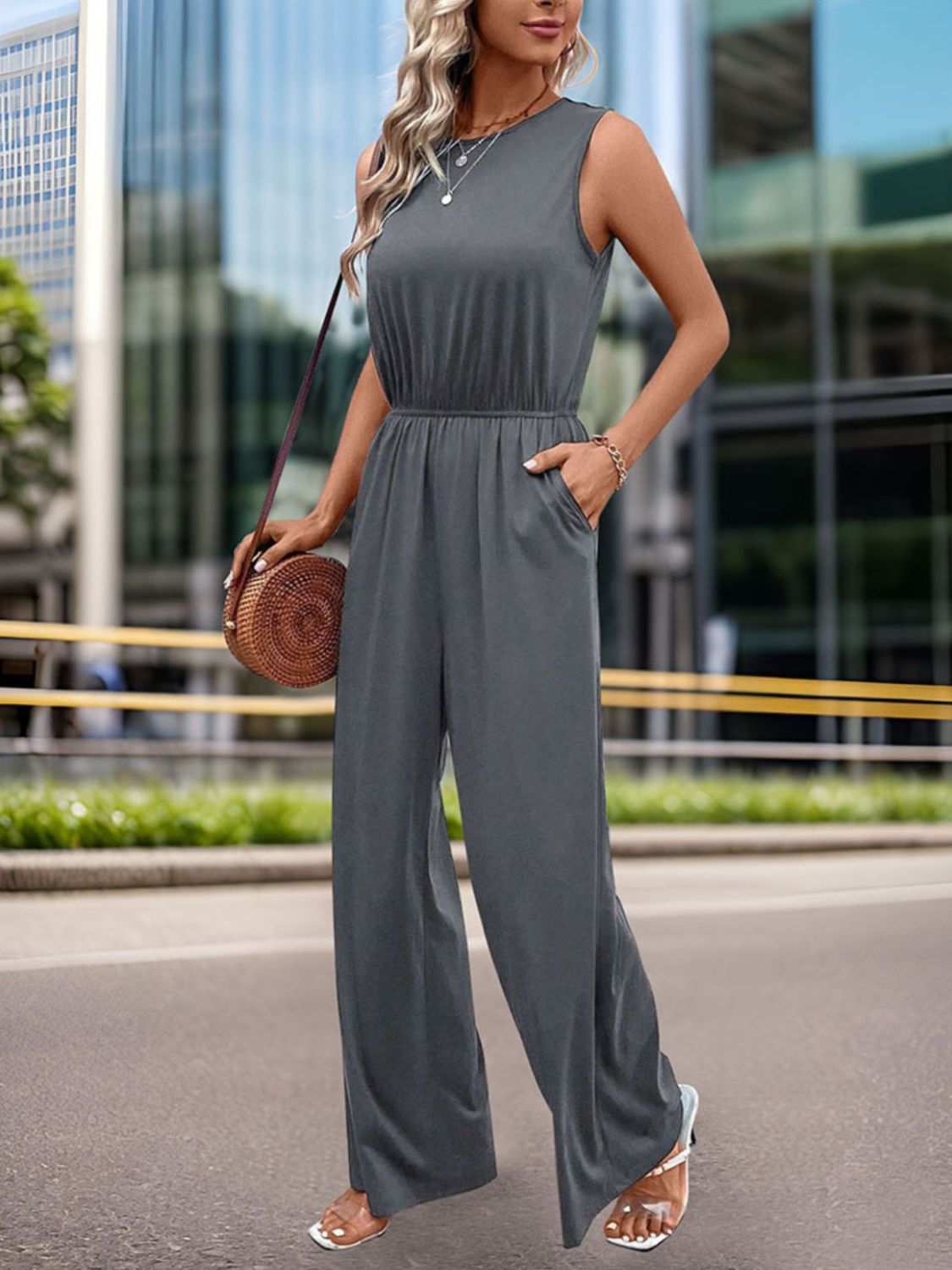 Sleeveless Round Neck Wide Leg Jumpsuit in Charcoal Grey - Image 4