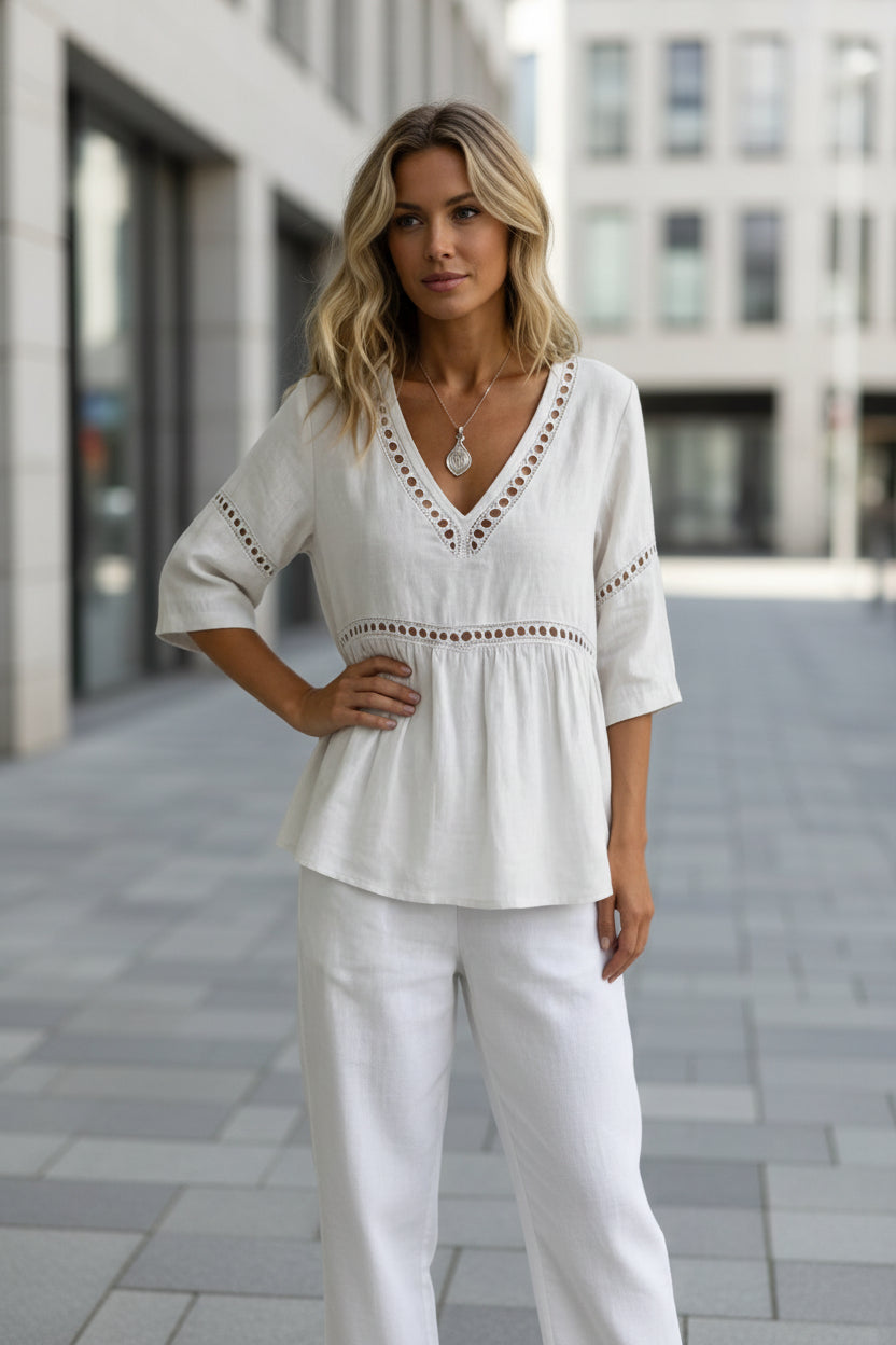 Women's V-Neck Cotton Linen Fringed Top with Hollow-Out Detail - Image 3