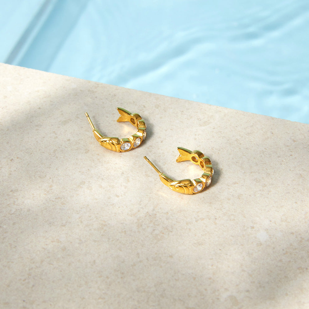 Zircon Fish C Hoop Earrings in Polished Stainless Steel