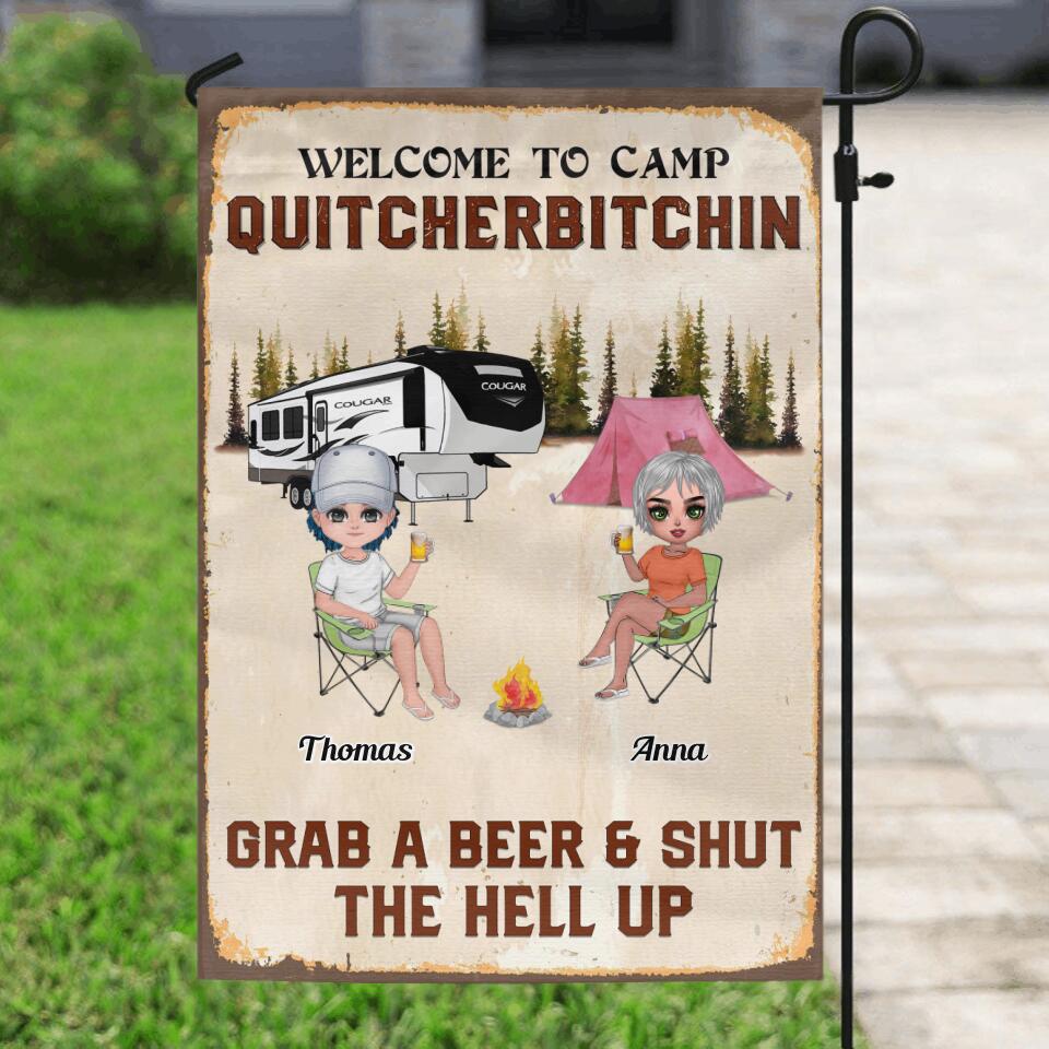 Personalized Welcome To Camp Quitcherbitchin Flag Sign - Gift Idea For Friends - Up To 7 People - Grab A Beer And Shut The Hell Up