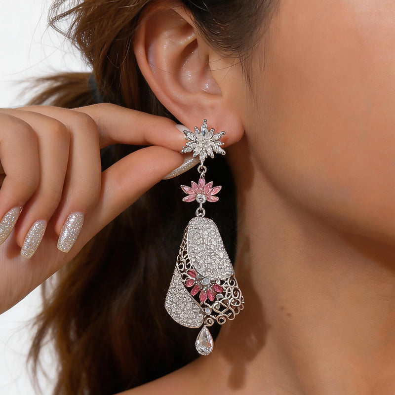 Women Long Dangle Multi Layer Flower Rhinestone Earrings,Exotic Heavy Craft Hollow Filigree Pink Crystal Drop Statement Jewelry For Wedding Banquet Party Occasion