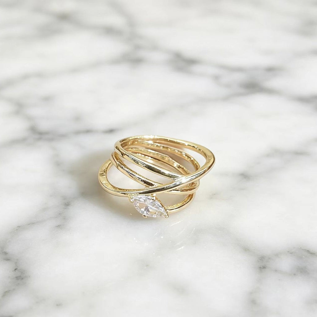 Gold Water-Drop Zircon Ring, Large Marquise Crystal Statement Band