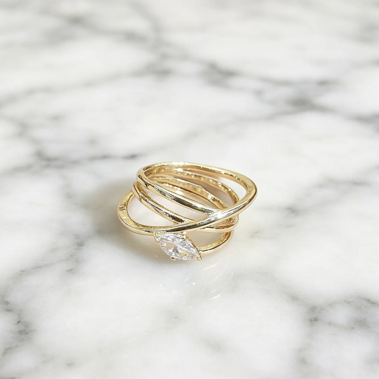 Gold Water-Drop Zircon Ring, Large Marquise Crystal Statement Band