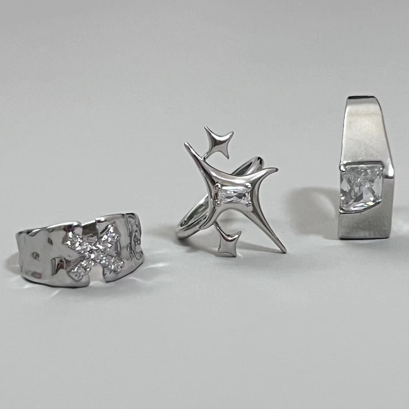 Niche Design Star Couple Rings, Korean INS Style, Zircon Inlaid Letter Texture Ring, Fashion Personality Ring For Men