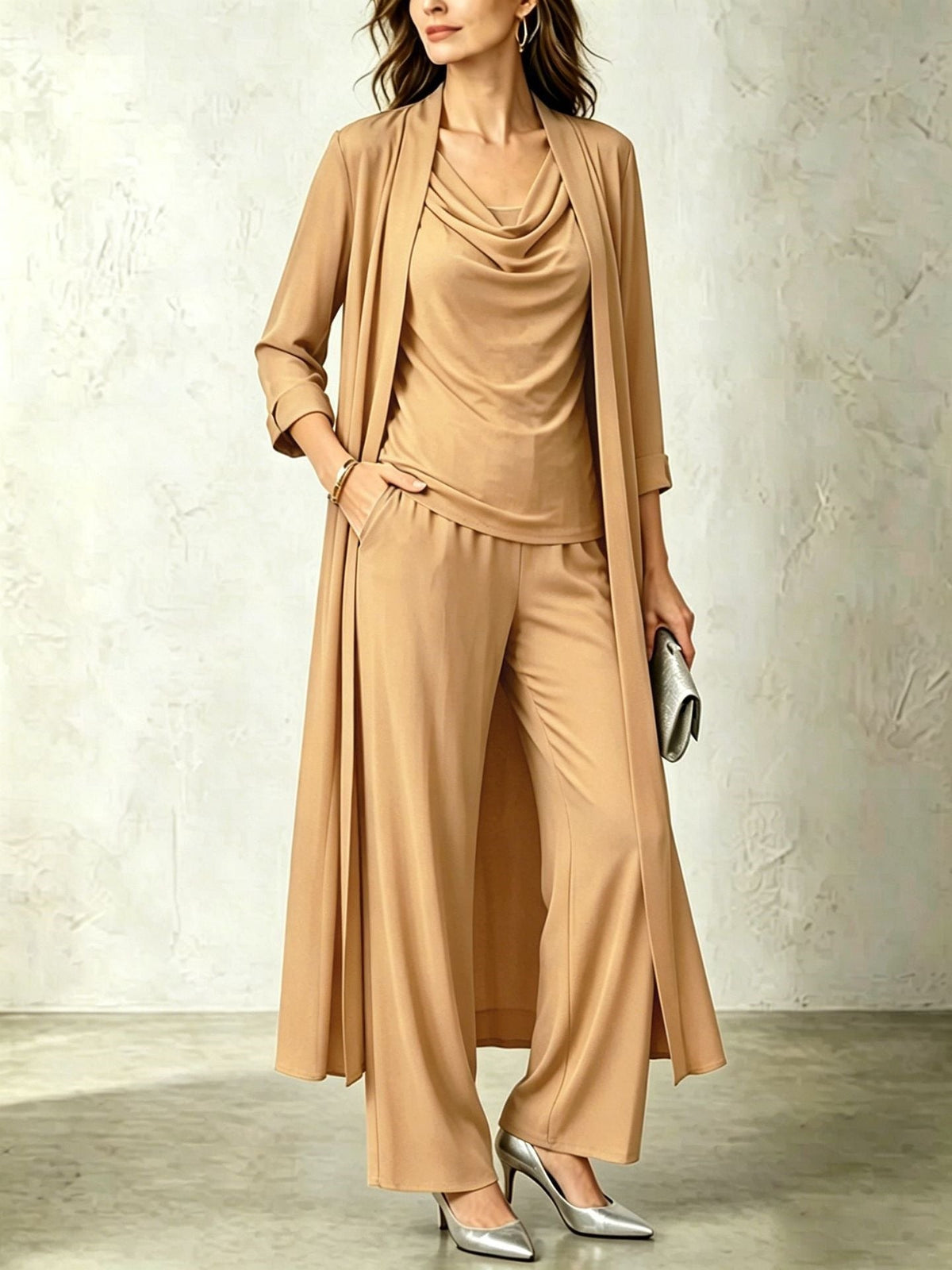 Long Sleeve Swing Collar Cardigan & Wide-Leg Pants Three-Piece Set