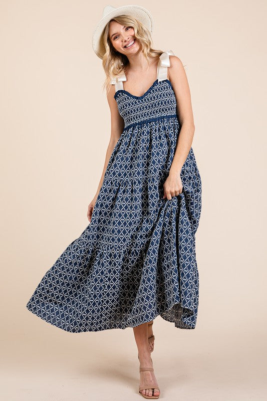 Geometric Embroidered Smocked Tie Shoulder Midi Dress