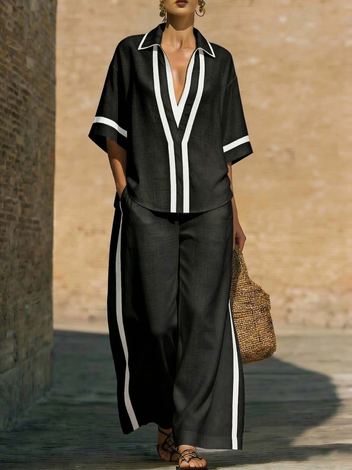 Women’s Color Block Shirt and Wide-Leg Pants Two-Piece Set - Image 5