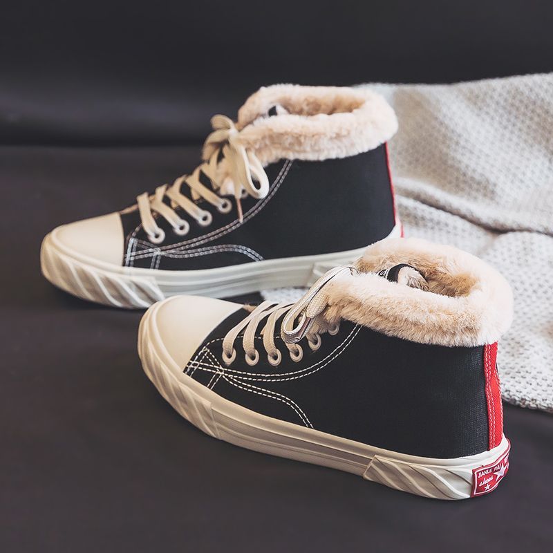 Women's Black Fleece-Lined High-Top Canvas Winter Sneakers - Image 6