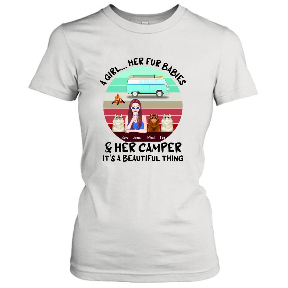 Personalized Camping T-Shirt - Women With Up to 3 Cats - Best Gift For Dog Lover - A Girl Her Fur Babies Her Cats And Her Camper It's A Beautiful Thing