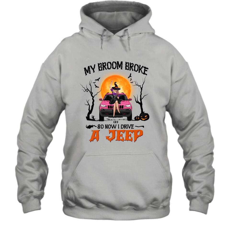 Witch My Broom Broke Jeep Graphic White T-Shirt Halloween Gift - Image 7