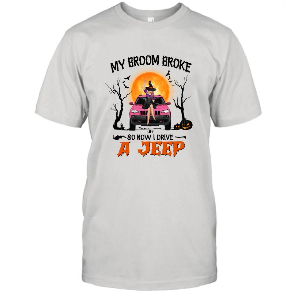 Witch My Broom Broke Jeep Graphic White T-Shirt Halloween Gift - Image 4