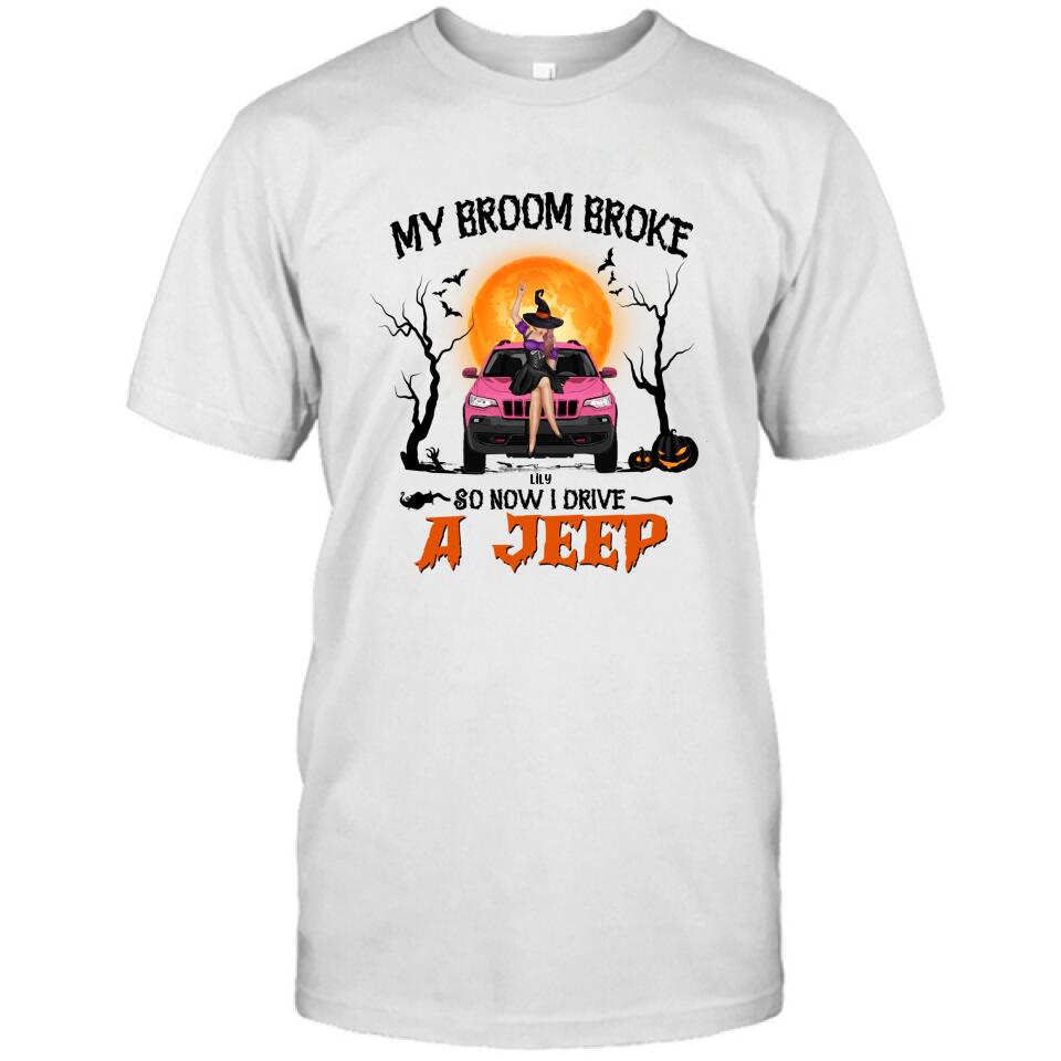 Witch My Broom Broke Jeep Graphic White T-Shirt Halloween Gift - Image 3