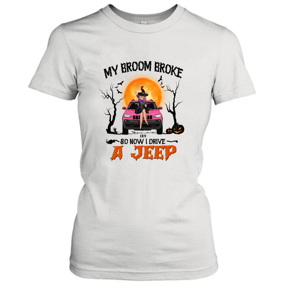 Witch My Broom Broke Jeep Graphic White T-Shirt Halloween Gift - Image 2