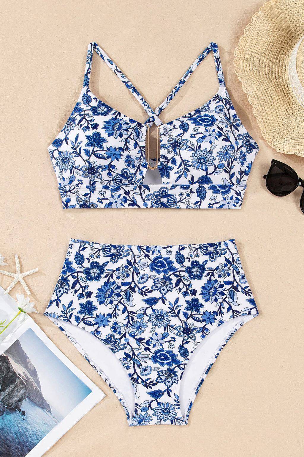Floral Notched Neck Top & High Waist Bikini Set - Blue & White