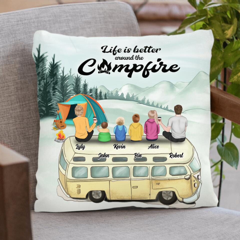 Personalized Camping Pillow - Family On Camper Roof - Life Is Better Around The Campfire - JOWCU0