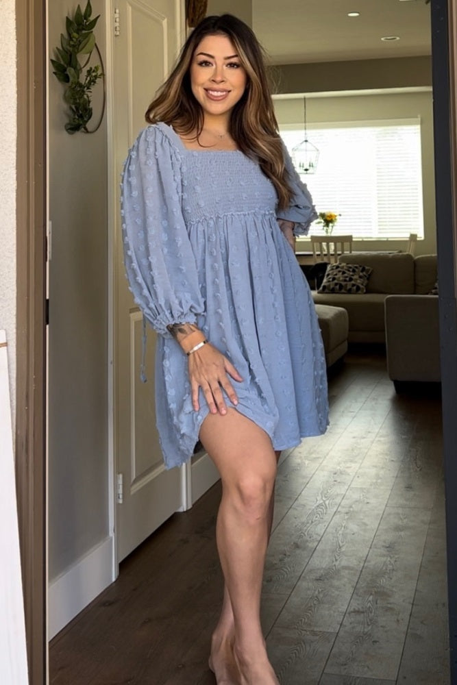 Light Blue Textured Dot Smocked Chiffon Square Neck Dress
