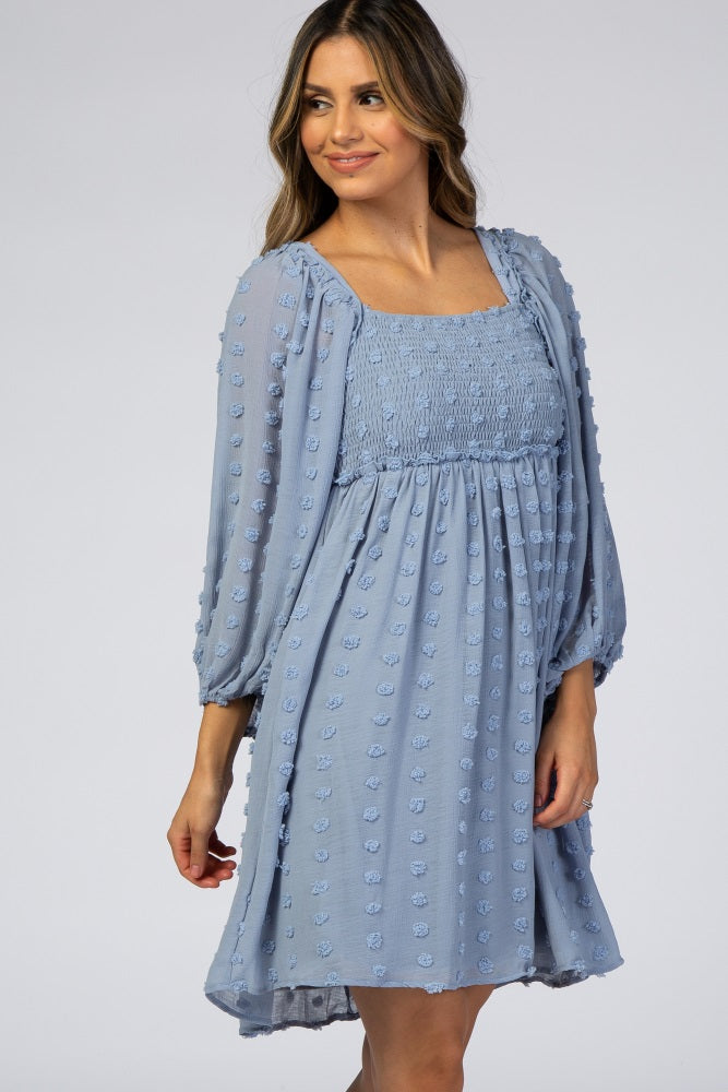 Light Blue Textured Dot Smocked Chiffon Square Neck Dress