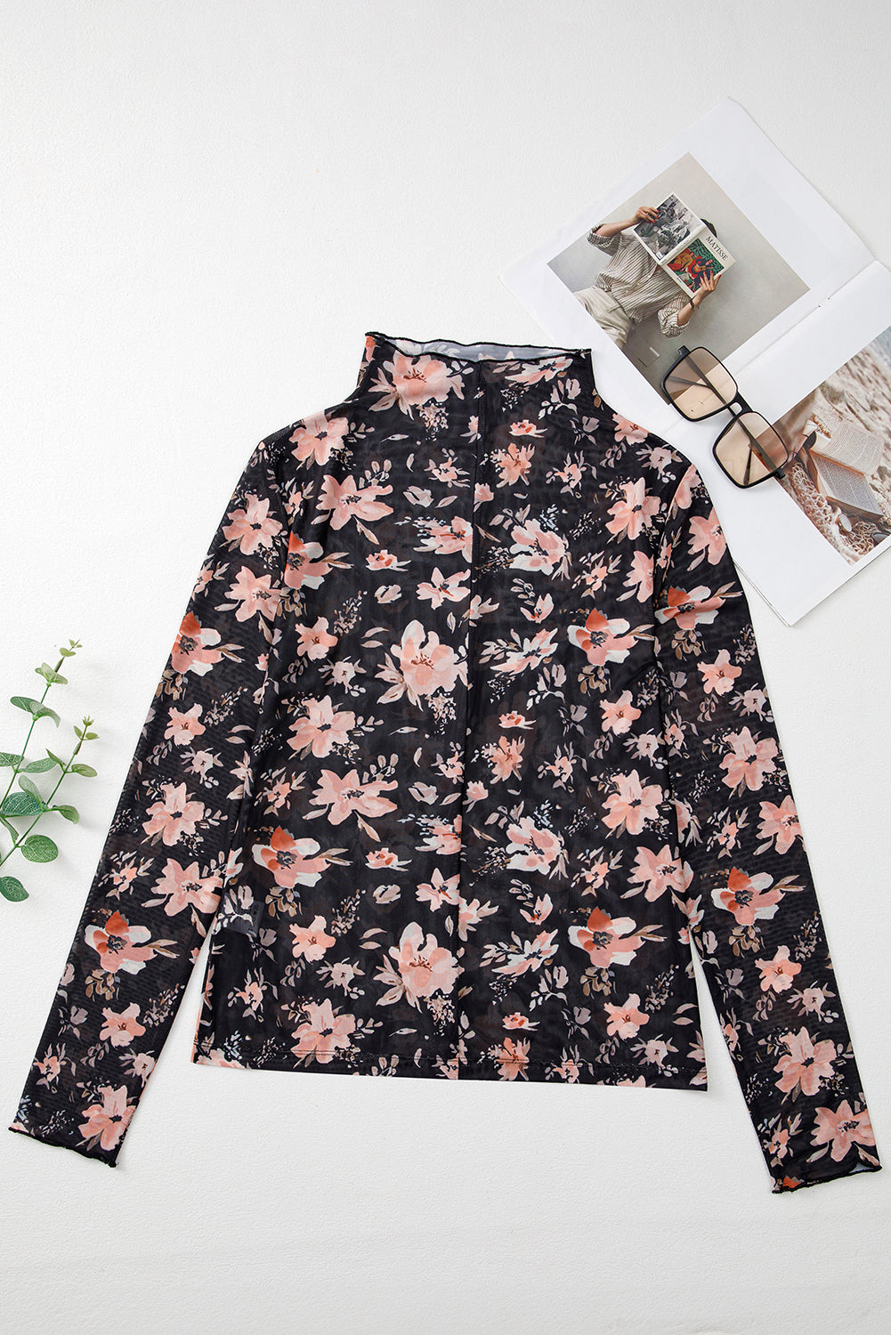 Floral Mesh Mock Neck Long Sleeve Top