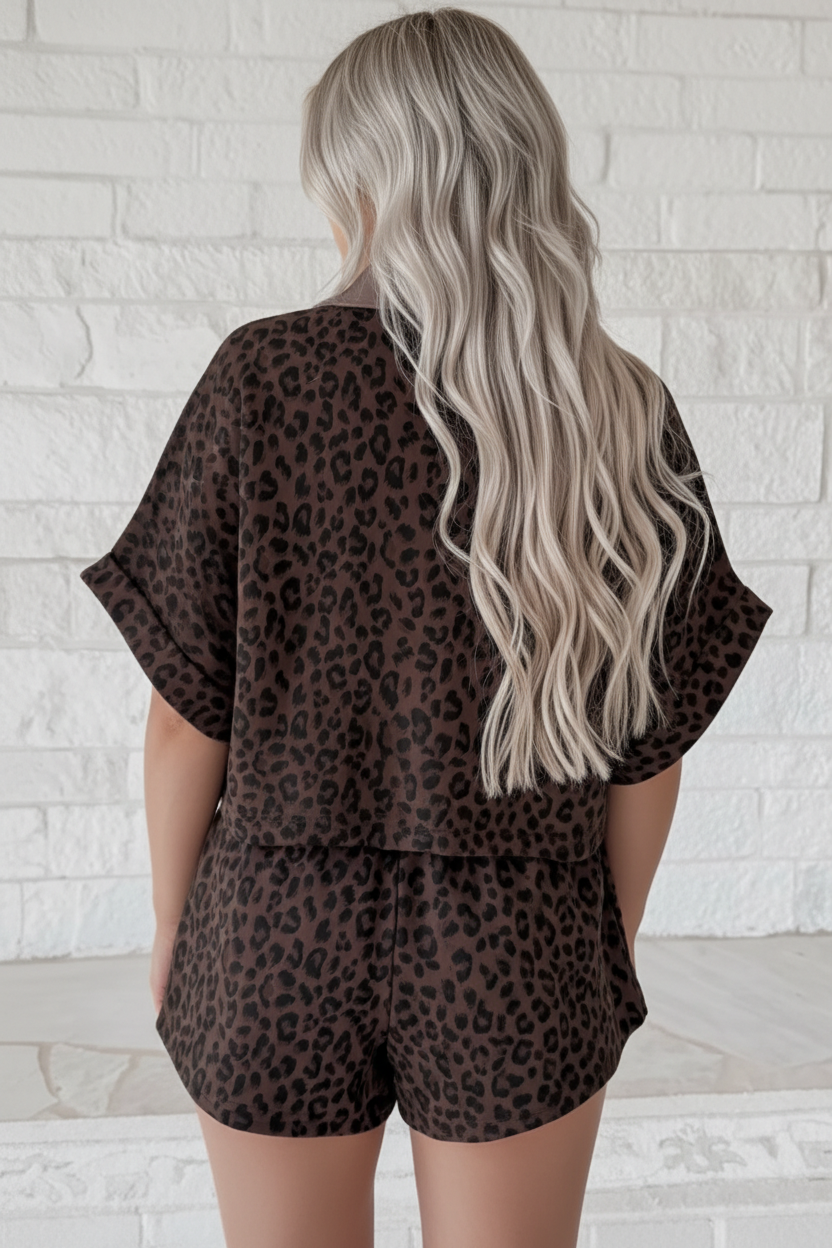 Leopard Print V-Neck Collared Top & Relaxed Shorts Set