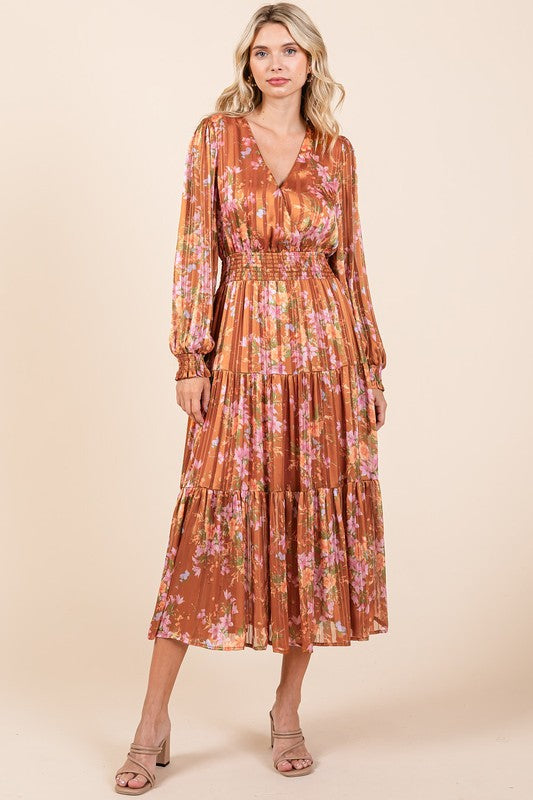 Floral Satin Lurex Stripe Smocked Midi Summer Dress
