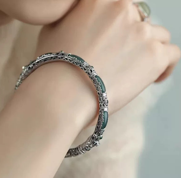 Plain-face Bracelet With An Open Design Featuring Blue-water Jade In A Traditional Ethnic Style