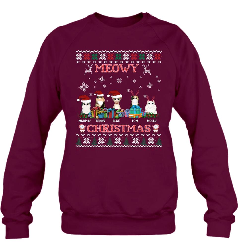 Personalized Cat Sweatshirt - Up to 5 Cats - Best Gift For Cat Lover - Meowy Christmas