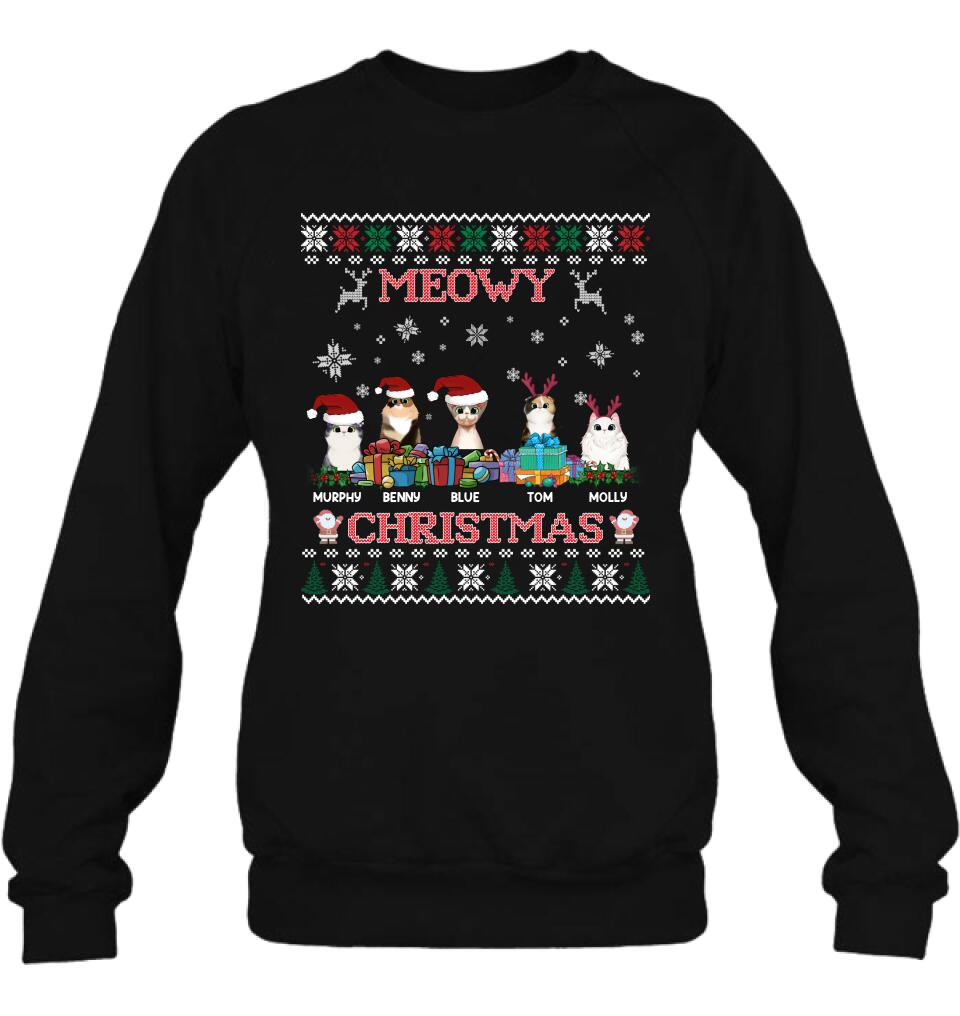 Personalized Cat Sweatshirt - Up to 5 Cats - Best Gift For Cat Lover - Meowy Christmas