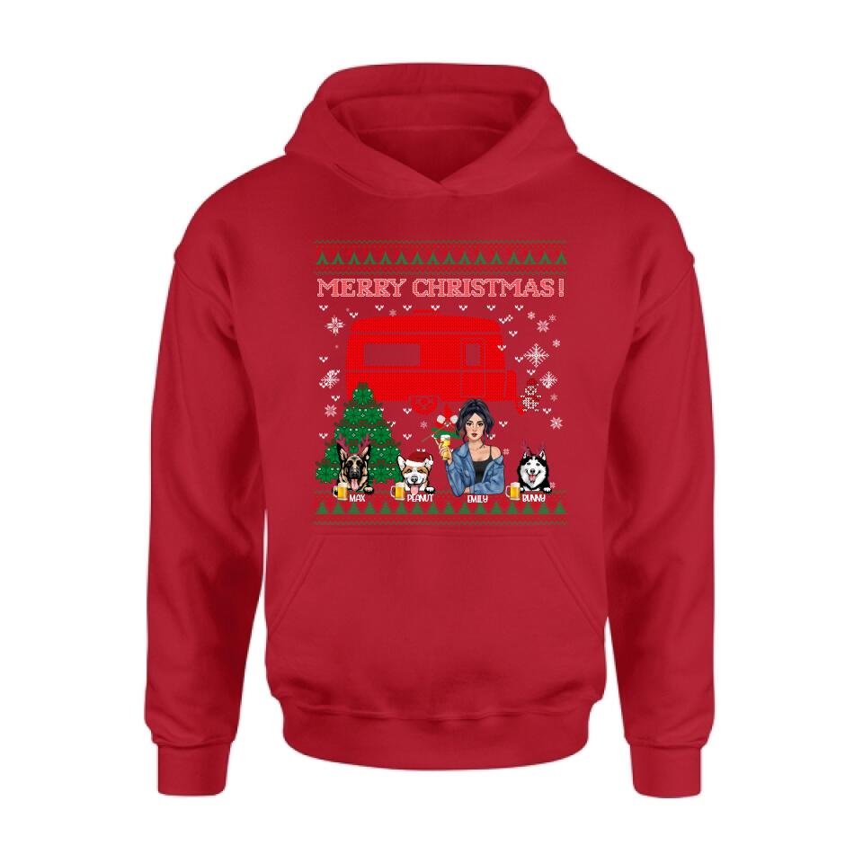 Personalized Dog Mom Camping Sweatshirt - Up to 3 Dogs - Merry Christmas
