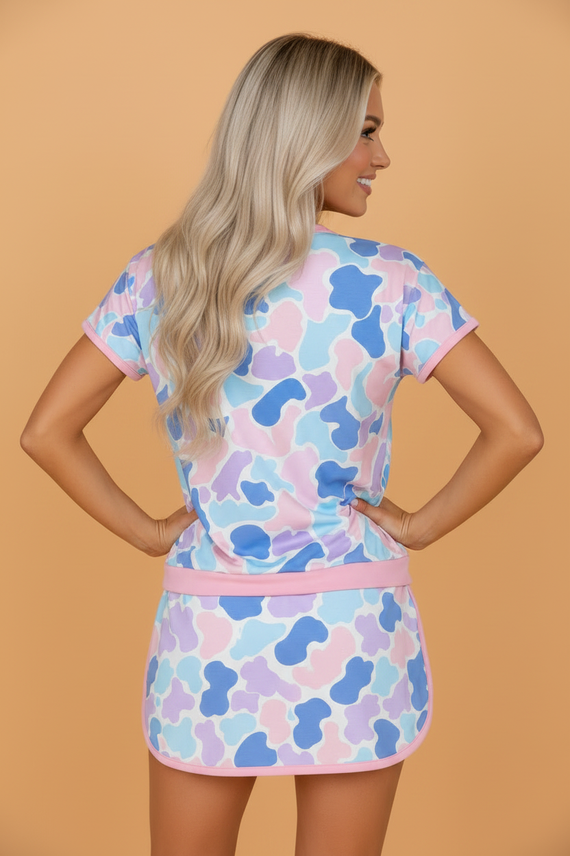 Camo Short Sleeve Top & Athletic Skort Set - Comfortable Sporty Fit