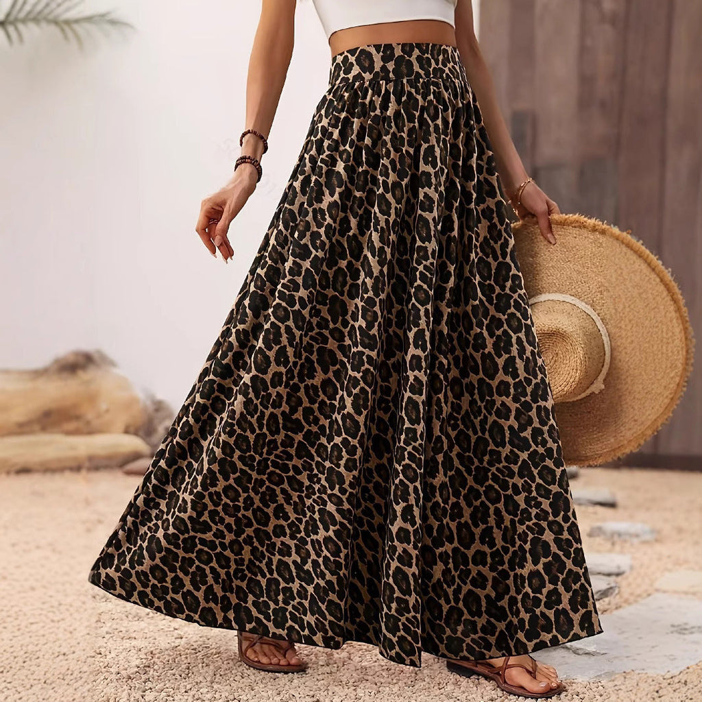High Waist Leopard Print Midi Skirt - Bohemian Vacation Style