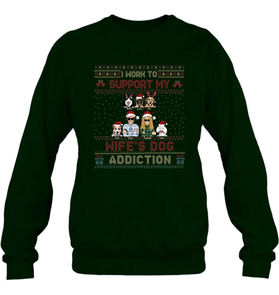 Personalized Xmas Couple Dog Shirt - Up to 5 Dogs - Gift For Dog Lovers/Couple - I Work To Support My Wife's Dog Addiction