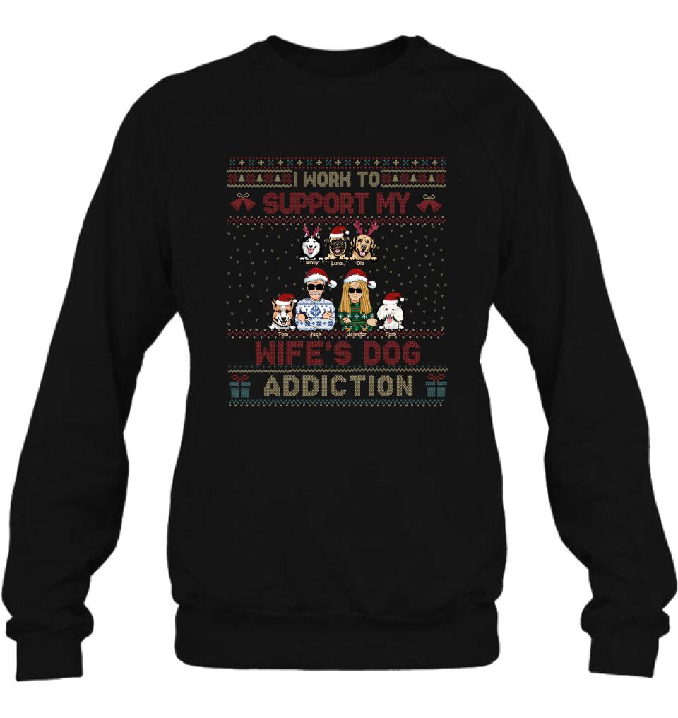 Personalized Xmas Couple Dog Shirt - Up to 5 Dogs - Gift For Dog Lovers/Couple - I Work To Support My Wife's Dog Addiction