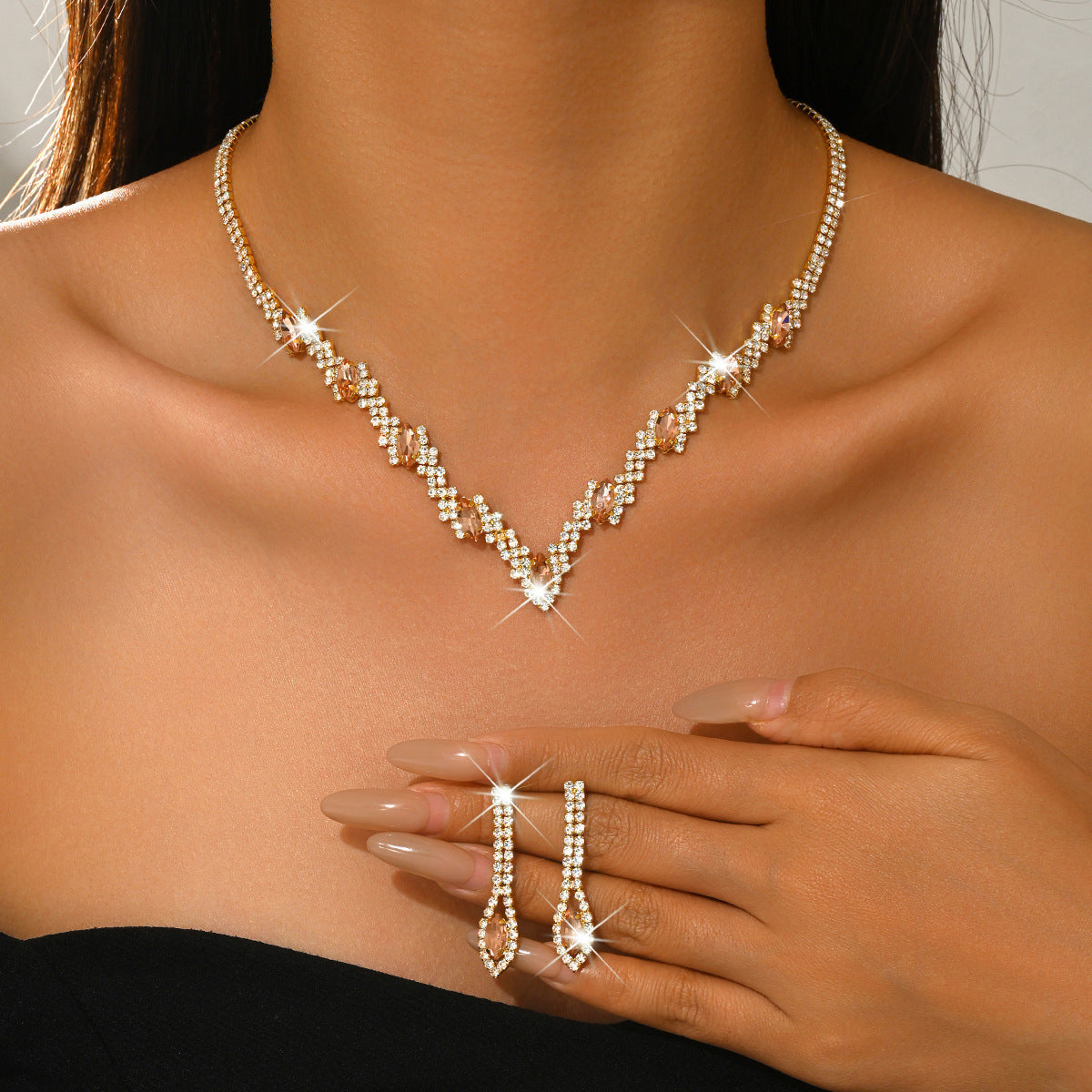European And American Cross-Border New Style Full Diamond Water Drop V-Shaped Bridal Wedding Necklace And Earrings Fashion Exquisite Eco-Friendly Jewelry Set