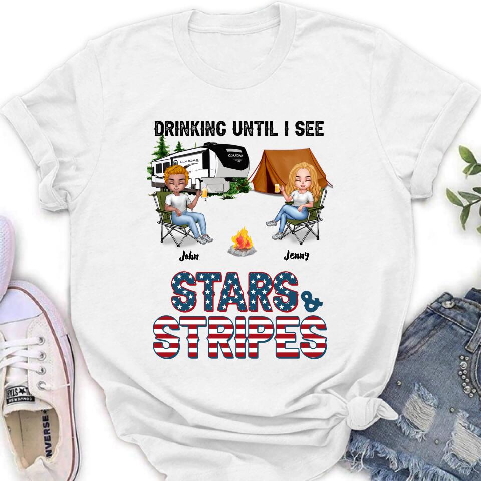 Personalized Camping Friends Shirt - Up to 7 People - Gift Idea For Camping Lover/Friends - Drinking Until I See Stars And Stripes