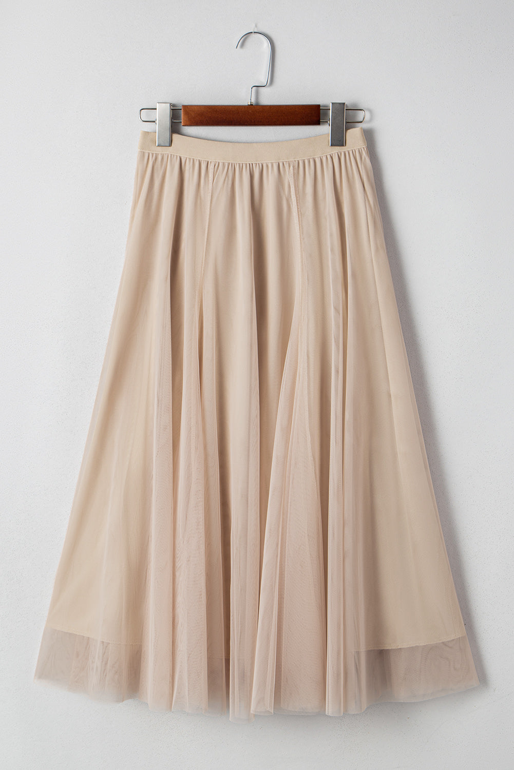 Beige Tulle Mesh Overlay Flared Midi Skirt for Women - Image 3