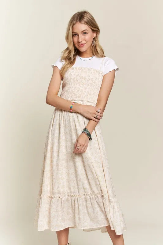 Smocked Floral Cami Dress with Ruffled Hem - Beige & White