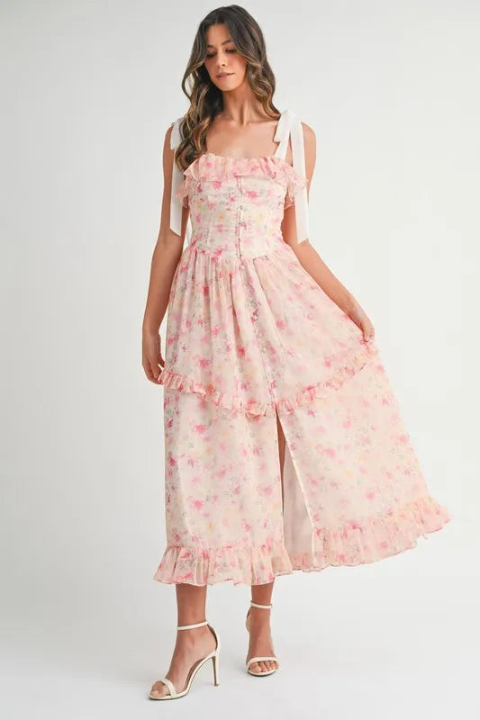 Floral Printed Shoulder Strap Midi Dress in Chiffon