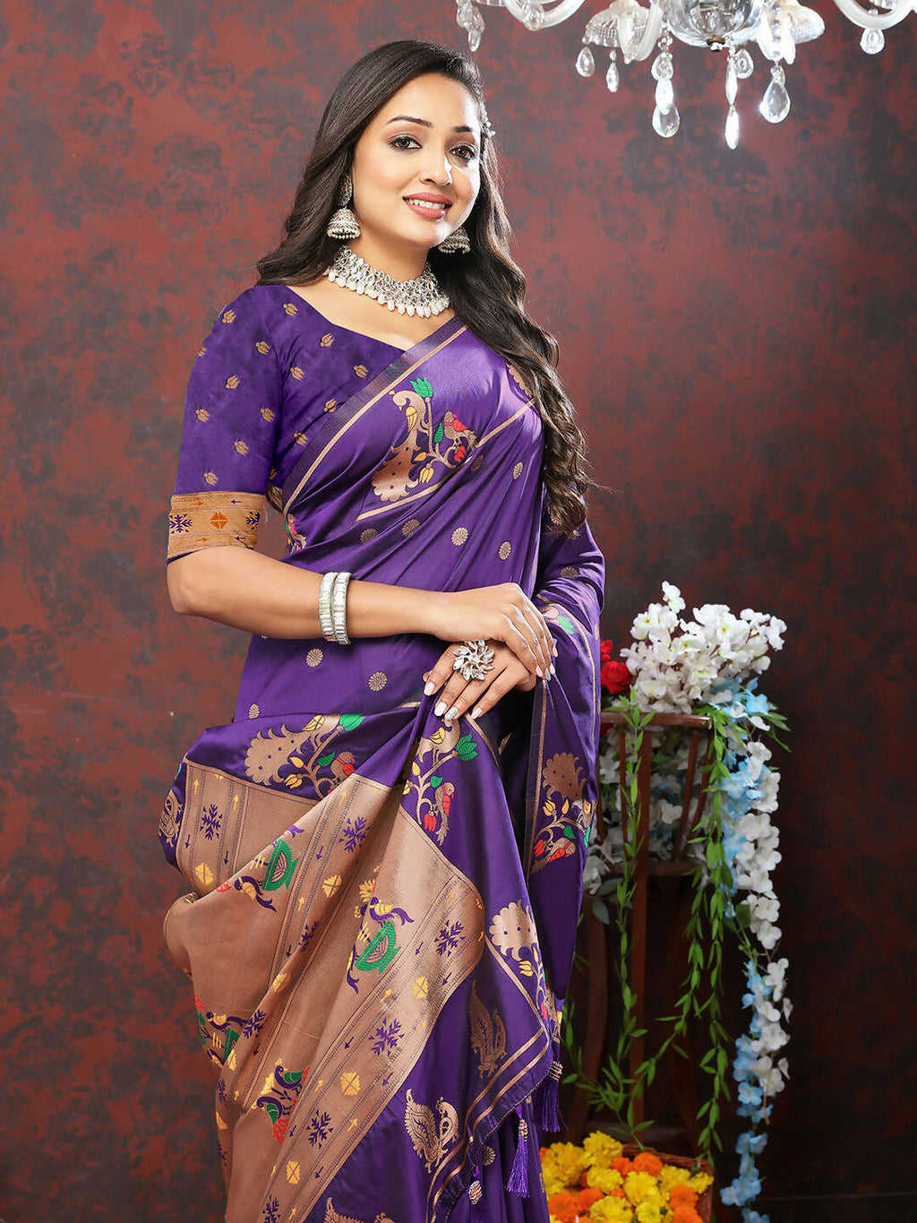 Purple Soft Paithani Silk Saree with Copper Zari Meenakari Weaving