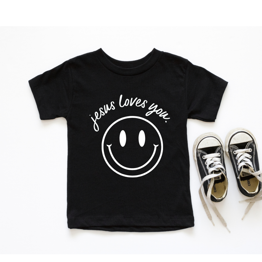 Jesus Loves You Smiley Toddler Tee in White Blue and Pink