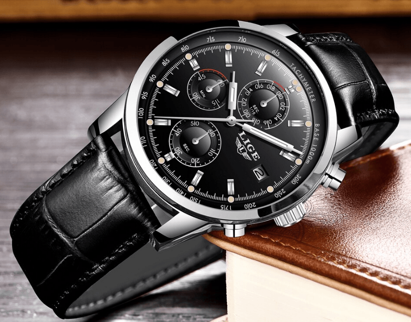Waterproof Men's Quartz Watch with Chronometers and Brown Strap