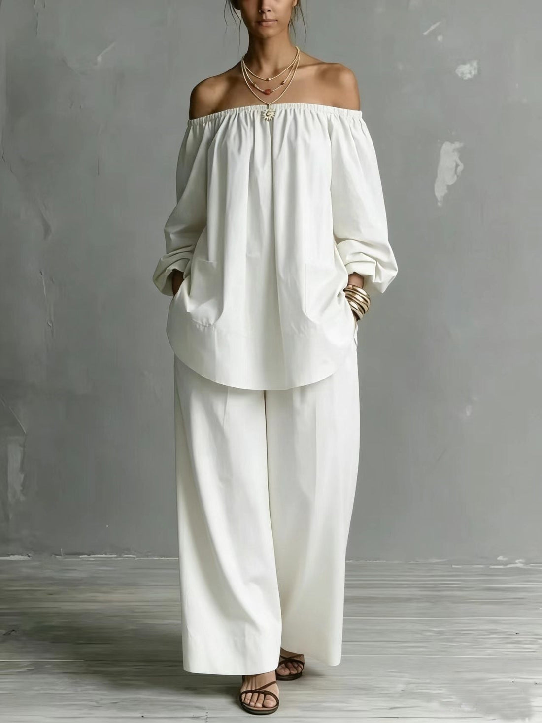Off-Shoulder Cotton-Linen Wide-Leg Pants Set - Breathable Two-Piece - Image 8
