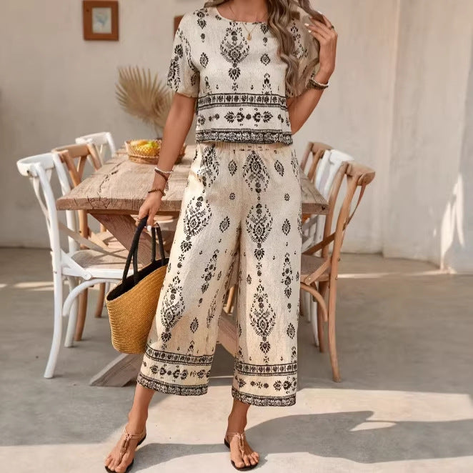 Women's Ethnic Print Two-Piece Crop Top and Straight-Leg Pants Set - Image 5
